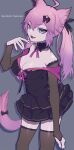  1girl ahoge animal_ear_fluff animal_ears black_bridal_gauntlets black_dress black_nails black_thighhighs bow breasts bridal_gauntlets cat_ears cat_girl cat_tail cleavage commentary dress fang grey_background hair_between_eyes highres long_hair looking_at_viewer medium_breasts nyatasha_nyanners pink_hair pink_ribbon purple_eyes ribbon skin_fang tail tail_bow tail_ornament thighhighs twintails virtual_youtuber vshojo yjyj_2045 