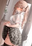  1girl ass black_ribbon black_skirt black_thighhighs blush bra_visible_through_clothes breasts brown_eyes brown_hair clothes_lift commentary_request glaring hair_ornament hair_ribbon hairclip half-closed_eyes highres imouto-chan_(monaka_curl) large_breasts lifting_own_clothes long_hair looking_at_viewer monaka_curl original paid_reward_available panties parted_lips plaid_clothes plaid_skirt ribbon see-through_clothes see-through_shirt shirt short_sleeves side-tie_panties skirt skirt_lift solo squinting sweat thighhighs twintails underwear wet wet_clothes wet_hair wet_shirt wet_skirt white_shirt 