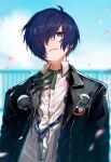  1boy black_jacket blue_eyes blue_hair blue_sky buttons closed_mouth commentary dress_shirt english_commentary falling_petals gekkoukan_high_school_uniform green_ribbon hair_over_one_eye highres jacket kanoir looking_at_viewer male_focus neck_ribbon open_clothes open_jacket parted_lips persona persona_3 persona_3_reload petals pink_petals ribbon school_uniform shirt short_hair simple_background sky smile solo upper_body white_shirt yuuki_makoto_(persona_3) 