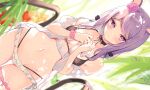  1girl absurdres animal_ears bikini blurry blurry_background blush breasts bright_pupils choker closed_mouth clothes_lift commentary_request dress flower hair_flower hair_ornament highres horse_girl leaf long_hair looking_at_viewer mejiro_mcqueen_(umamusume) navel nyorotono_(amafurashi) personification pink_ribbon purple_eyes purple_hair red_flower ribbon see-through_clothes skirt skirt_lift sundress swimsuit umamusume watermark wet 