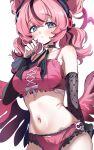  +_+ 1girl absurdres aria_(human)_(discordant_note)_(zenless_zone_zero) aria_(human)_(zenless_zone_zero) aria_(zenless_zone_zero) armpit_crease bare_shoulders black_bridal_gauntlets black_choker black_hair black_streaks blue_eyes blush bow bow_bra bow_panties bra breasts bridal_gauntlets check_commentary choker commentary_request cowboy_shot crossed_bangs frilled_panties frills hair_between_eyes highres large_breasts looking_at_viewer multicolored_hair navel official_alternate_costume panties parted_lips pink_bra pink_hair pink_panties pink_wings quad_tails sak_(lemondisk) simple_background skull_choker skull_ornament solo star-shaped_pupils star_(symbol) stomach streaked_hair symbol-shaped_pupils underwear underwear_only white_background wings zenless_zone_zero 