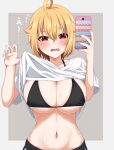  1girl absurdres ahoge black_bra black_shorts blonde_hair blush bra breasts cellphone cleavage clothes_lift commentary_request grey_background hair_between_eyes haruki_(haruki678) highres holding holding_phone ibuki_tsubasa idolmaster idolmaster_million_live! large_breasts lifting_own_clothes navel open_mouth phone red_eyes shirt shirt_lift short_sleeves shorts sidelocks simple_background smartphone solo standing t-shirt two-tone_background underboob underwear wavy_mouth white_shirt 