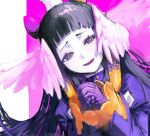  1girl alternate_costume blunt_bangs commentary dress dutch_angle english_commentary gloves gradient_hair head_wings hime_cut hololive hololive_english interlocked_fingers long_hair long_sleeves looking_at_viewer mandarin_collar mole mole_under_eye multicolored_eyes multicolored_hair multiple_wings ninomae_ina'nis nynaceae open_mouth orange_hair own_hands_clasped own_hands_together pale_colors pale_skin pink_eyes pink_wings puffy_long_sleeves puffy_sleeves purple_background purple_dress purple_eyes purple_gloves purple_hair raised_inner_eyebrows sleeves_past_wrists solo tentacle_hair two-tone_background upper_body virtual_youtuber white_background wings yellow_pupils 