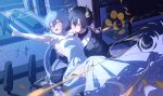  1boy 1girl absurdres alternate_costume alternate_hairstyle aqua_horns balcony bare_shoulders black_hair black_jacket blush breasts building carrying commentary_request daji dan_heng_(honkai:_star_rail) dan_heng_(lurking)_(honkai:_star_rail) dan_heng_(permansor_terrae)_(honkai:_star_rail) door dragon_boy dragon_horns dress eastern_dragon_horns garden glass_door green_eyes grey_hair hair_between_eyes headset hetero highres honkai:_star_rail honkai_(series) horns jacket korean_commentary long_hair night official_alternate_costume open_mouth petticoat plant pointing princess_carry shirt stelle_(honkai:_star_rail) trailblazer_(honkai:_star_rail) wedding_dress white_dress white_shirt window yellow_eyes yellow_horns yellow_pupils 