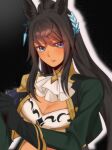  1girl absurdres animal_ears ascot bandeau black_gloves black_hair blue_eyes breasts cleavage closed_mouth commentary_request dark-skinned_female dark_skin dog_for_amami earrings gloves gloves_over_sleeves green_jacket hair_between_eyes highres horse_ears horse_girl jacket jewelry korean_commentary long_hair long_sleeves looking_at_viewer medium_breasts ponytail solo split_ponytail symboli_kris_s_(onyx_soldier)_(umamusume) symboli_kris_s_(umamusume) umamusume upper_body white_ascot white_bandeau 