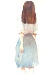  1girl arm_behind_back blue_skirt brown_hair commentary facing_away feet_out_of_frame from_behind long_hair medium_skirt original painting_(medium) shirt shirt_tucked_in simple_background skirt solo standing three-quarter_sleeves traditional_media untranslatable_commentary watercolor_(medium) white_background white_shirt withgiraffe 