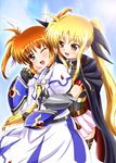  2girls blue_eyes blush couple diesel diesel-turbo fate_testarossa hair_ornament hand_holding happy hug hug_from_behind looking_at_another lyrical_nanoha mahou_shoujo_lyrical_nanoha mahou_shoujo_lyrical_nanoha_a&#039;s mahou_shoujo_lyrical_nanoha_a's mahou_shoujo_lyrical_nanoha_the_movie_2nd_a&#039;s multiple_girls open_mouth orange_hair red_eyes short_twintails takamachi_nanoha twintails yuri 