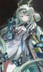  1girl absurdres arknights arknights:_endfield black_background blue_eyes blunt_bangs breasts bug butterfly butterfly_on_hand center_opening commentary detached_sleeves dragon_girl dragon_horns dress eastern_dragon_horns green_arm green_hair green_horns highres horns long_hair looking_at_viewer medium_breasts nianamo61 pointy_ears scales si_(arknights) simple_background solo tail very_low_bun white_dress 