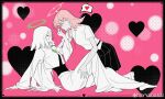  2girls arrow_(symbol) bai_zhong_(false_memory) barefoot braid closed_eyes colored_skin crosshair crosshair_halo false_memory fang_tang_(false_memory) hair_ornament hairclip halo heart long_hair long_skirt long_sleeves looking_at_another multiple_girls pink_background pink_hair pleated_skirt recycling_symbol skirt speech_bubble watermark weibo_username weibo_watermark white_hair white_skin yuri yya0ann 