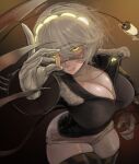 1girl absurdres armband black_hairband black_jacket breasts bullet claw_(weapon) commentary goggles_on_eyes hairband highres holding holding_bullet humanization jacket large_breasts looking_at_viewer m4skedboi murder_drones short-sleeved_jacket short_hair short_shorts short_sleeves shorts tail v_(murder_drones) weapon white_hair yellow_armband yellow_eyes 