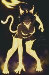  1girl absurdres alternate_costume animal_ears animal_hands bleach bleach:_sennen_kessen-hen breasts cat_ears cat_paws cat_tail commentary contrapposto dark-skinned_female dark_background dark_skin electricity fake_animal_ears full_body glowing glowing_arms glowing_eyes glowing_legs glowing_tail grin highres large_breasts legs_apart looking_at_viewer prixmal shihouin_yoruichi shunryuu_kokubyou_senki signature smile solo tail watermark 