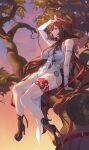  1girl absurdres animal_ears arm_cutout arm_support arm_up bare_shoulders bow branch breasts brown_hair chinese_clothes clothing_cutout commentary_request detached_sleeves dress full_body hair_bow hair_intakes hair_ornament high_heels highres large_breasts leaf leg_tattoo legs long_hair looking_ahead ninebell outdoors parted_lips pelvic_curtain print_dress red_bow red_eyes red_rope rope sidelocks sitting sitting_on_branch smile solo sunset tail tassel tattoo thighs tree very_long_hair white_dress ye_shunguang zenless_zone_zero 