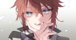  1boy bishounen brown_hair bruise bruised_eye commentary_request fang grey_eyes hair_between_eyes head_tilt highres identity_v injury light_particles looking_at_viewer luca_balsa male_focus nikunikuoda popped_collar portrait shirt sidelocks striped_clothes striped_shirt 