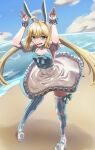  1girl absurdres ahoge animal_ears argyle_clothes argyle_thighhighs arms_up artoria_caster_(fate) artoria_caster_(swimsuit_berserker)_(second_ascension)_(fate) artoria_pendragon_(fate) bare_shoulders beach blonde_hair blue_dress blue_thighhighs blush breasts commentary dress fake_animal_ears fate/grand_order fate_(series) green_eyes hairband highres long_hair looking_at_viewer open_mouth orange_monster1 puffy_short_sleeves puffy_sleeves rabbit_ears rabbit_pose shore short_sleeves skirt small_breasts smile solo striped_clothes striped_thighhighs thighhighs twintails white_skirt 