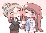  2girls amelia_(trickcal) black_pantyhose blonde_hair blue_eyes blue_shirt braid brown_hair coat collared_shirt commentary_request crescent crescent_hair_ornament elena_(trickcal) green_hair hair_bun hair_ornament heart highres jacket long_hair multiple_girls pantyhose pencil_skirt pointy_ears shirt skirt suit_jacket suwa_yasai trickcal very_long_hair white_coat white_shirt 