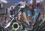  1boy 3girls absurdres animal_ears armor asaba_harumasa bangboo_(zenless_zone_zero) black_boots black_gloves black_necktie black_pantyhose black_skirt blue_skin blue_sky blunt_bangs boots breasts brown_eyes building cityscape closed_mouth cloud colored_skin commentary dress_shirt ethereal_(zenless_zone_zero) fox_ears fox_girl full_body gauntlets glasses gloves green_jacket hair_between_eyes high-waist_skirt high_heels highres holding holding_polearm holding_weapon horns hoshimi_miyabi jacket large_breasts long_hair mangsik multiple_girls naginata necktie oni outdoors pantyhose parted_bangs pink_eyes pink_hair pointy_ears polearm red_eyes ring_hair_ornament serious sharkboo_(zenless_zone_zero) shirt short_hair shoulder_armor sidelocks skirt sky soukaku_(zenless_zone_zero) standing stepped_on tailless_(zenless_zone_zero) tsukishiro_yanagi v-shaped_eyebrows weapon white_hair white_shirt zenless_zone_zero 