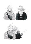  2boys absurdres alternate_costume antenna_hair arrow_(symbol) bag blush braid choco_rema choker closed_eyes closed_mouth collarbone commentary_request crossed_bangs cup disposable_coffee_cup disposable_cup earrings eating food gloves greyscale hair_between_eyes hair_ornament hair_tubes half-closed_eyes hand_on_another's_shoulder hand_up hands_up heart highres holding holding_cup holding_skewer honkai:_star_rail honkai_(series) hood hoodie jacket jewelry kiss kissing_cheek lapels long_sleeves looking_at_viewer male_focus medium_hair monochrome multiple_boys multiple_views mydei_(honkai:_star_rail) neck_tattoo necklace phainon_(honkai:_star_rail) puffy_long_sleeves puffy_sleeves scarf short_hair side_braid simple_background single_braid single_hair_tube skewer steam sun_symbol sun_tattoo surprise_kiss surprised sweater tattoo upper_body yaoi 