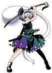  1girl absurdres arm_across_neck arm_up black_bow black_bowtie black_hairband black_shoes blue_eyes bow bowtie collared_shirt commentary_request fighting_stance frilled_skirt frills full_body gradient_clothes gradient_skirt green_skirt green_vest grey_hair hairband hand_on_hilt highres hitodama holding holding_above_head holding_sword holding_weapon katana konpaku_youmu konpaku_youmu_(ghost) limone_illust looking_at_viewer mary_janes multiple_swords overhead_swing puffy_short_sleeves puffy_sleeves purple_skirt serious sheath sheathed shirt shoes short_hair short_sleeves simple_background skirt solo sword sword_on_back touhou unsheathed vest weapon weapon_on_back weapon_strap white_background white_shirt 