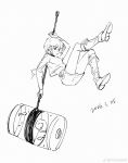  1girl asymmetrical_sleeves boots chinese_commentary commentary_request crop_top dated false_memory greyscale hammer highres lineart monochrome qian_jun_(false_memory) shell short_hair shorts simple_background solo watermark weibo_username weibo_watermark white_background yya0ann 
