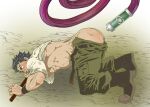  1boy ass bara clothes_lift clothes_pull commentary_request decadence_(anime) green_pants imminent_anal imminent_penetration kaburagi_(decadence) male_focus muscular muscular_male pants pants_pull shirt_lift short_hair solo tsukasa_matsuzaki veins 