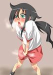  1girl ahegao ant bestiality black_hair blush body_blush breath brown_background creature_inside crying crying_with_eyes_open female_ejaculation footwear green_eyes gym_clothes gym_uniform hair_between_eyes insect kuroki_tomoko legs long_hair looking_away open_mouth orgasm ponytail rape rom rom_(20) shorts simple_background standing sweat tears tomoko_kuroki tongue tongue_out v_arms watashi_ga_motenai_no_wa_dou_kangaete_mo_omaera_ga_warui! watashi_ga_motenai_no_wa_dou_kangaetemo_omaera_ga_warui! wet wet_clothes 