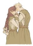  2girls belt blonde_hair blush braid brown_hair closed_eyes cowboy_shot earrings ermile_(tongari_boushi_no_atelier) facing_another formal_clothes hand_on_another's_arm hand_on_another's_cheek hand_on_another's_face highres holding jewelry kiss long_hair long_sleeves multiple_girls robe short_hair sinocia_(tongari_boushi_no_atelier) sleeveless stickymaelk tongari_boushi_no_atelier very_short_hair white_background yuri 