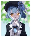  1girl :d bird_hat_ornament black_bow black_capelet black_hat blue_hair blurry blurry_background border bow braid braided_hair_rings capelet collared_shirt commentary_request deerstalker hair_bow hair_rings hat hat_bow highres looking_at_viewer mahou_shoujo_no_majo_saiban nobuo_gotou open_mouth shirt short_hair smile solo straight-on tachibana_sherry upper_body white_border white_shirt yellow_eyes 