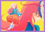  1girl 670uu absurdres boots border bow bowtie fox_mask hata_no_kokoro highres long_hair long_sleeves looking_at_viewer mask mask_on_head open_mouth orange_skirt pink_hair purple_border purple_bow purple_bowtie skirt skirt_cutout solo touhou very_long_hair white_boots wide_sleeves yellow_background zoom_layer 