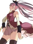  accio armpits bad_id bad_pixiv_id black_legwear bow flat_chest hair_bow impossible_clothes long_hair mahou_shoujo_madoka_magica pink_hair polearm ponytail profile red_eyes sakura_kyouko simple_background skirt solo spear thighhighs weapon white_background 
