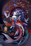  1girl absurdres androgynous bird butterfly_hair_ornament character_request choker copyright_request crane_(animal) fins fish_girl fish_tail hair_ornament highres holding holding_smoking_pipe lantern shan_gui_yu_yao smoke smoking_pipe tail tassel white_background wide_sleeves 