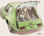  1girl amc amc_gremlin black_eyes black_hair car commentary_request green_car green_sailor_collar green_skirt grey_background kneeling looking_at_viewer motor_vehicle neckerchief open_mouth original sailor_collar school_uniform sekihan serafuku shirt short_hair short_sleeves signature simple_background skirt smile solo teeth upper_teeth_only vehicle_name white_shirt yellow_neckerchief 