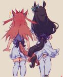  2girls ? agnes_digital_(umamusume) animal_ears black_hair bow commentary from_behind hair_bow highres horse_ears horse_girl horse_tail intertwined_tails mejiro_dober_(umamusume) multiple_girls nanazudina pink_hair school_uniform simple_background summer_uniform tail tracen_school_uniform umamusume yuri 