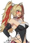  1girl absurdres bare_shoulders blonde_hair blush breasts btddz claret_flint cleavage detached_sleeves from_side gem hair_intakes hair_ornament hand_on_own_hip highres large_breasts long_hair multicolored_hair navel open_mouth red_eyes red_gem red_hair red_streaks simple_background solo sphere_hair_ornament streaked_hair twintails upper_body white_background zenless_zone_zero 