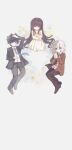  1girl 2boys akinashi_haru artist_request black_hair black_suit brown_cardigan brown_hair cardigan crossed_arms dress dress_shirt flower_wreath full_body hand_on_own_forehead highres lapels long_hair lying multiple_boys necktie negative_space on_side own_hands_clasped own_hands_together saihate_eki shirt short_hair sitting suit sweater_vest tatsunami_shion white_dress white_hair yellow_sweater_vest 