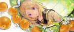  1girl :o black_sailor_collar blonde_hair bow commentary flower food fruit hair_bow hair_ornament hairband hairclip highres kagamine_rin long_sleeves lying neckerchief on_side orange_(fruit) orange_blossoms parted_bangs parted_lips sailor_collar shirt short_hair solo vocaloid white_background white_flower white_hairband white_shirt yellow_neckerchief zalupk228 