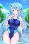  1girl ahoge aqua_hair arlonn bare_shoulders blue_hair blue_one-piece_swimsuit blush breasts collarbone commentary_request covered_navel elf fence flower hair_between_eyes hair_flower hair_ornament heart heart_ahoge highres hololive long_hair long_pointy_ears looking_at_viewer one-piece_swimsuit open_mouth outdoors pointy_ears pool sky solo swimsuit thighs virtual_youtuber water white_flower yellow_eyes yukihana_lamy 