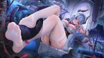  1girl bare_arms between_legs black_panties blue_eyes blue_hair blue_nails blush breasts cleavage commentary_request corset couch dragon_girl dragon_horns dragon_tail dragon_wings dress elbow_rest feet fh_moya foot_focus foreshortening hair_between_eyes hair_in_own_mouth head_rest highres horns indie_virtual_youtuber large_breasts legs long_hair looking_at_viewer low_wings nail_polish neck_ribbon on_couch panties pointy_ears red_ribbon ribbon sitting smile soles solo tail tail_between_legs thick_thighs thighhighs thighs toenail_polish toenails toes twitter_username underwear very_long_hair virtual_youtuber watermark white_dress white_thighhighs wings 