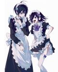  2boys :d absurdres ahoge apron black_hair bow bowtie commentary crossdressing crossdressing_(mtf) danganronpa_(series) danganronpa_v3:_killing_harmony enmaided feet_out_of_frame flipped_hair garter_straps grey_bow hair_between_eyes hair_bow hair_over_one_eye highres llie_137 long_sleeves looking_at_another maid maid_apron maid_headdress male_maid multiple_boys oma_kokichi puffy_short_sleeves puffy_sleeves purple_bow purple_bowtie saihara_shuichi short_sleeves simple_background smile thighhighs white_apron white_background white_thighhighs 