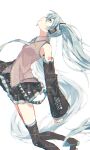  1girl arched_back bare_shoulders black_boots black_skirt black_sleeves blue_eyes blue_hair blue_necktie boots closed_mouth collared_shirt commentary detached_sleeves double-parted_bangs foot_out_of_frame from_side grey_shirt hair_between_eyes hatsune_miku highres long_hair long_sleeves looking_up miniskirt mkmk_tttu necktie pleated_skirt profile shirt simple_background skirt sleeveless sleeveless_shirt solo thigh_boots twintails very_long_hair vocaloid white_background zettai_ryouiki 