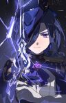  1girl absolution_(genshin_impact) ascot black_corset blue_hair clorinde_(genshin_impact) closed_mouth commentary_request corset epaulettes fold-over_gloves framed_breasts genshin_impact hair_between_eyes hair_over_one_eye hat hat_over_one_eye highres long_hair_between_eyes looking_at_viewer nanashizimi purple_ascot purple_eyes shirt solo taut_clothes taut_shirt tricorne 