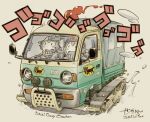  2girls baseball_cap beanie black_hair car caterpillar_tracks commentary_request dated driving fang gloves green_car hat jacket kei_truck motor_vehicle multiple_girls open_mouth original pickup_truck plaid_clothes plaid_scarf scarf sekihan short_hair sideways_glance signature skin_fang smile snow sound_effects suzuki_(company) suzuki_carry teeth truck upper_teeth_only vehicle_focus vehicle_name yamato_transport 