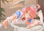  1girl absurdres ahoge apron blue_dress blush breasts collared_apron commentary commission dress english_commentary feathered_wings fingernails frilled_apron frills hair_between_eyes head_wings highres indoors jeongdang_geolae large_breasts long_hair looking_at_viewer making-of_available neck_ribbon original red_eyes red_hair red_ribbon ribbon short_sleeves smile solo teeth upper_body white_apron white_hair white_wings white_wrist_cuffs wings wrist_cuffs 