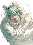  1boy absurdres axraime bandaged_arm bandages blue_hair double_bun electricity hair_bun highres jujutsu_kaisen kashimo_hajime lightning long_hair open_mouth simple_background solo white_background 