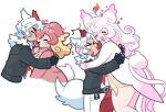  2girls :3 :o @_@ ^^^ ^_^ animal_ears ascot audino before_and_after belt black_belt black_gloves black_jacket blonde_hair blush breasts check_clothing check_gender cleavage closed_eyes closed_mouth clothing_request commentary constricted_pupils crossed_bangs curly_hair curtained_hair double-parted_bangs english_commentary english_text fang fingerless_gloves flying_sweatdrops fur-trimmed_jacket fur_trim gender_request gloves head_hug heart height_difference height_envy hug hug_from_side jacket kiss kissing_forehead long_hair long_sleeves loveycloud medium_hair mega_audino mega_evolution mega_evolution_symbol mega_pokemon multicolored_hair multiple_girls multiple_views necktie open_mouth pants personification pink_hair pink_jacket pokemon red_ascot red_hair red_pants shirt short_hair simple_background smile sparkle split_mouth tail two-tone_hair two-tone_pants upper_body v-shaped_eyebrows white_background white_fur white_hair white_jacket white_pants white_shirt yellow_necktie yellow_pants yellow_shirt yuri zangoose 