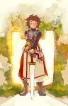  1boy armor bad_id bad_pixiv_id black_bodysuit bluetenbin blush bodysuit brown_hair closed_eyes closed_mouth facing_viewer fortress_(sekaiju) fortress_1_(sekaiju) full_body male_focus planted planted_sword pouch sekaiju_no_meikyuu sekaiju_no_meikyuu_4 short_hair smile solo spiked_hair split standing sword weapon 