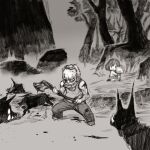  1girl 2boys axe balding beard blood blood_on_shoulder blood_on_weapon blurry blurry_background child commentary_request corpse crying deformed dog facial_hair from_side full_beard full_body highres holding holding_axe jun_(navigavi) long_sleeves looking_at_another medium_hair monochrome multiple_boys mustache nose one_eye_closed open_mouth original outdoors pants scar scar_across_eye scar_on_face shirt short_hair sitting skirt solo_focus standing tank_top very_short_hair wavy_mouth weapon yokozuwari 