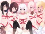  5girls bdsm bed black_hair blonde_hair blush bondage bound breasts brown_eyes brown_hair candy chocolate everyone food green_eyes heart heart-shaped_chocolate heart-shaped_food highres large_breasts long_hair medium_breasts memekko multiple_girls naked_ribbon navel nipple_slip nipples nude original pink_eyes pink_hair ponytail purple_eyes ribbon short_hair small_breasts spread_legs stomach striped_clothes striped_thighhighs swept_bangs thighhighs twintails valentine white_hair window 