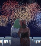  2girls aerial_fireworks alternate_costume blue_sash bow brown_hair commentary commission english_commentary facing_away fireworks floral_print frilled_bow frills from_behind green_hair hair_bow hakurei_reimu highres japanese_clothes kimono kochiya_sanae locked_arms market_stall mata_(matasoup) medium_hair multiple_girls night obi people red_bow red_kimono sash summer_festival touhou white_kimono yukata yuri 
