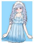 1boy absurdres agamine37564 arms_at_sides babydoll babydoll_tug bare_arms blue_babydoll blunt_bangs blush bulge closed_mouth collarbone commentary_request covered_navel covered_nipples crossdressing crossdressing_(mtf) curled_fingers drill_hair erection erection_under_clothes frilled_babydoll frilled_hairband frilled_thigh_strap frills grey_eyes grey_hair hairband highres legs_together light_smile lingerie long_hair looking_at_viewer makeup male_focus no_panties original outside_border penis ribbon see-through_babydoll see-through_clothes sidelocks simple_background solo standing testicles thigh_strap trap uncensored underwear white_hairband white_ribbon 