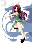  1girl beret black_bow black_shoes blue_eyes blush bow braid breasts chinese_zodiac closed_mouth commentary_request different_shadow dragon dress full_body green_dress green_hat hair_bow hat highres hong_meiling large_breasts long_hair looking_at_viewer ngirln4 red_hair shadow shoes sleeveless sleeveless_dress smile solo touhou twin_braids year_of_the_dragon 